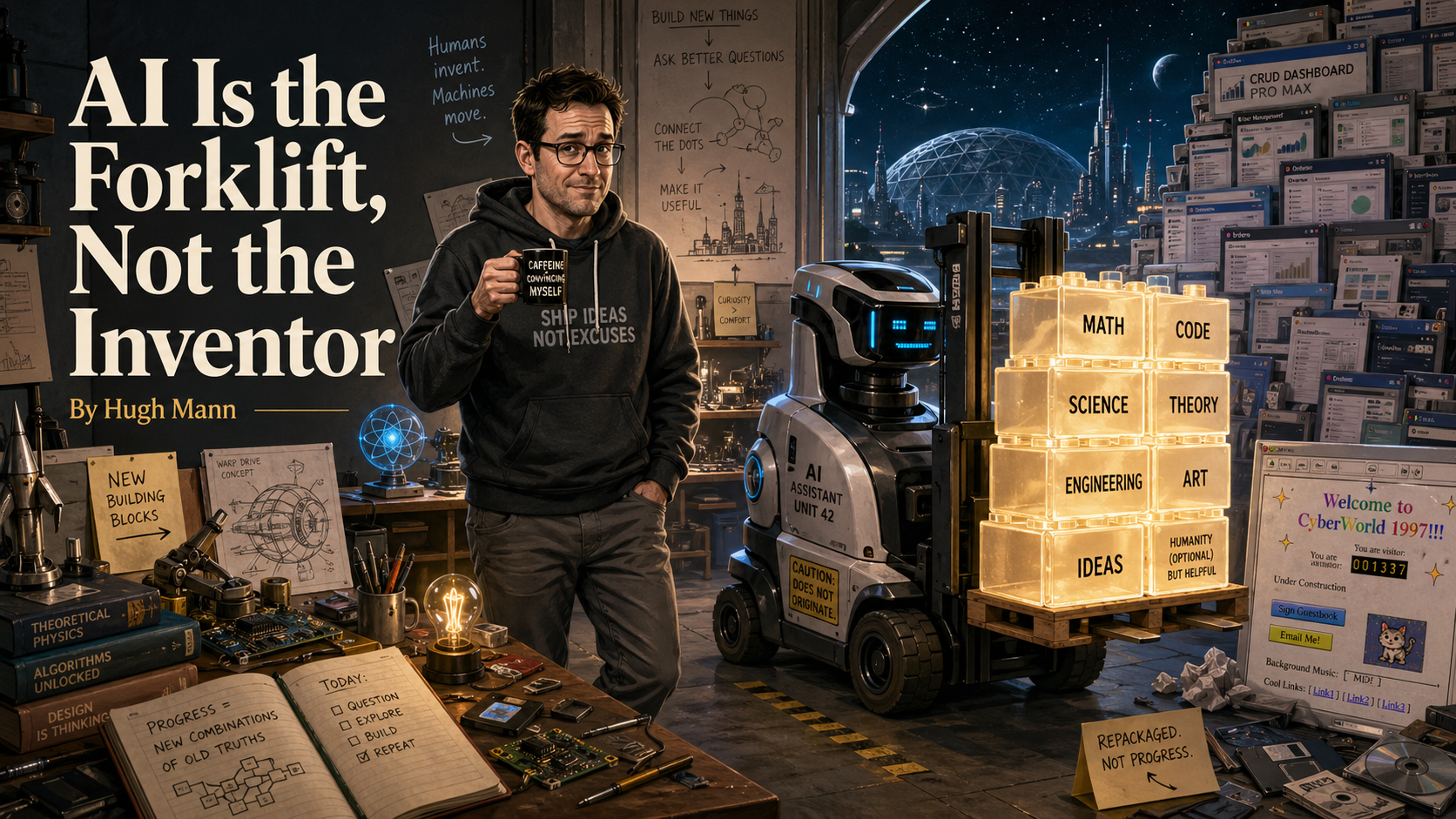 Illustration of Hugh Mann holding a coffee mug in a futuristic workshop beside a robot forklift carrying glowing blocks labeled math, code, science, theory, engineering, art, and ideas.